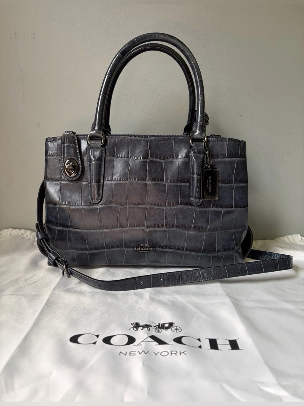 COACH Brooklyn Carryall 28 Navy Blue Croc Embossed Leather Crossbody Satchel Bag